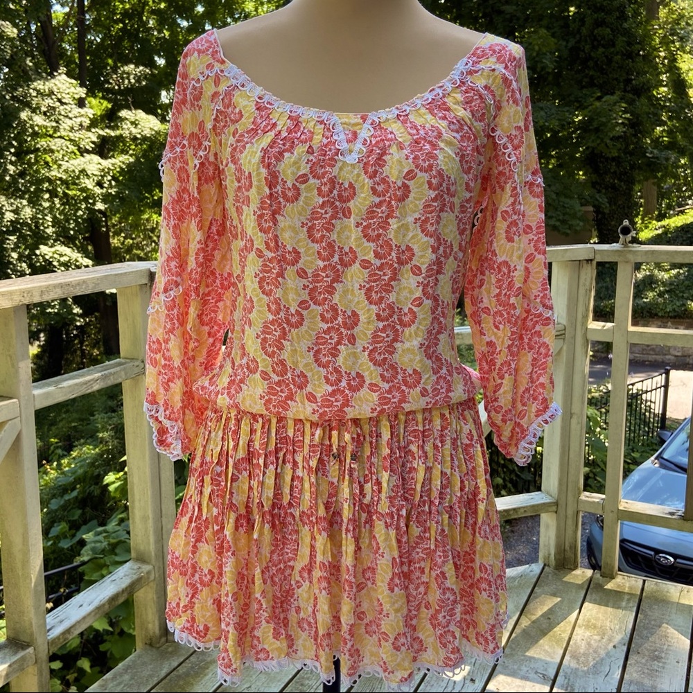 Poupette St. Barth Pink & Yellow Floral Mini Dress Tunic Cover-up Size S